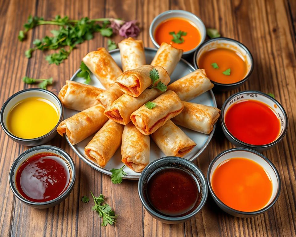 Fried spring rolls with dipping sauces